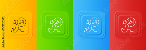 White Telephone 24 hours support icon isolated on colorful background. All-day customer support call-center. Full time call services. Set icons in square buttons. Vector