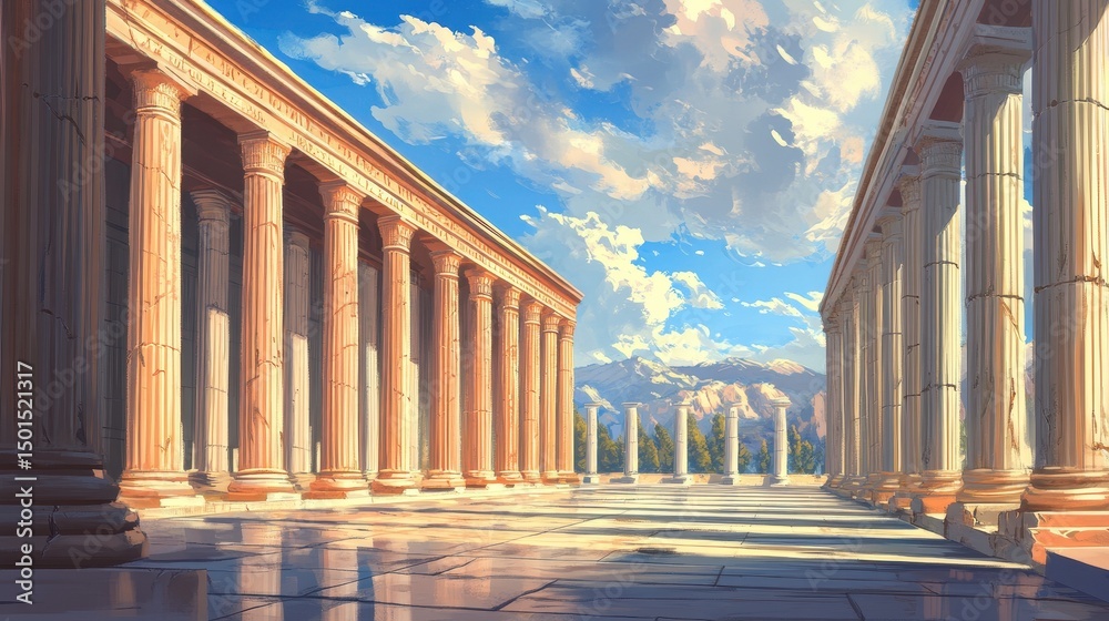 Fototapeta premium Ancient Greek Colonnade with Mountain View.