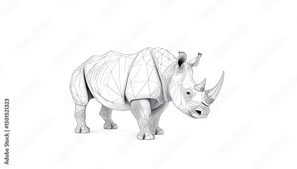 Fototapeta premium Geometric Rhinoceros 3D Model Outline with Wireframe Structure Ideal for Modern Art and Design Projects