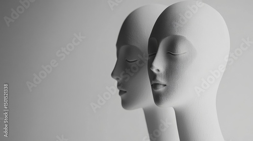 Minimal surreal composition with two white sculpted heads facing opposite on monochrome background art
