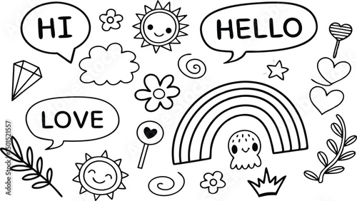 cute hand drawn doodle vector set,a seamless vector doodle illustration in black and white. love, Natural , firework, cloud, weather, rainbow, snow, heart and creative design vector collection.