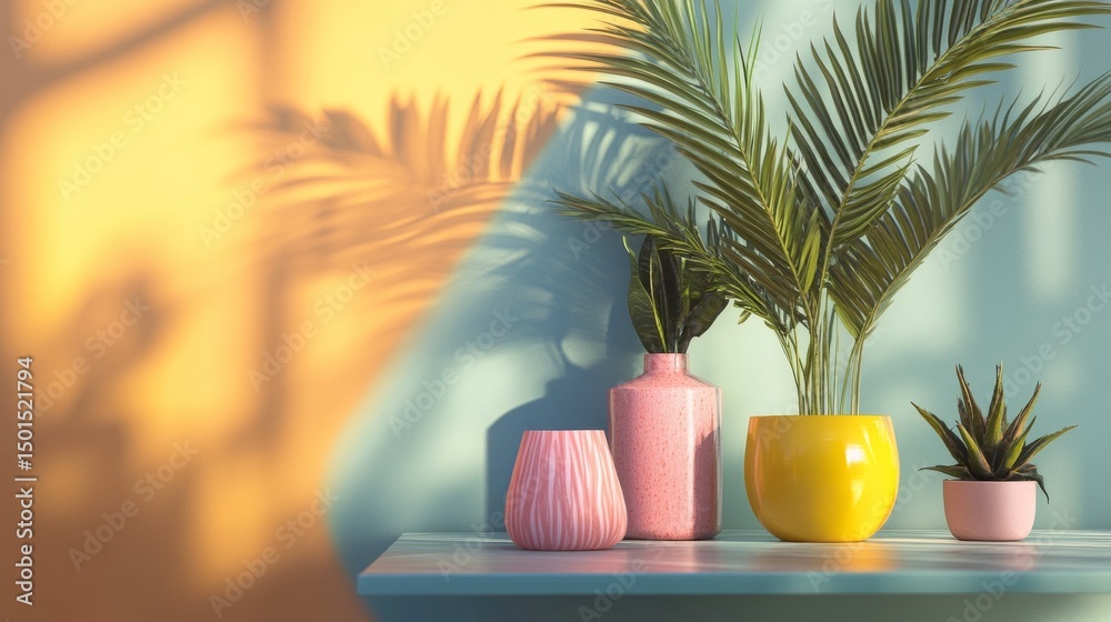 Obraz premium Modern pastel home decor with indoor plants and sunlight