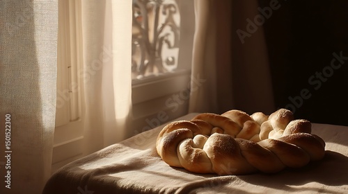Summer Solstice: Traditional sun-shaped braided bread on linen cloth bathed in golden