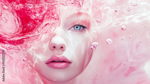 Fantasy underwater portrait of woman submerged in pink liquid with soft bubbles and surreal tones