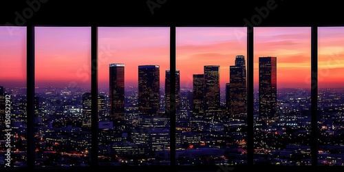 Cityscape at sunset viewed through a window