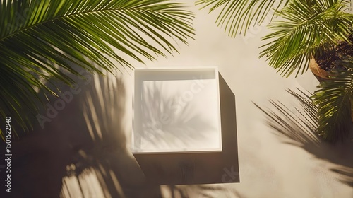 Minimalist White Frame Mockup on Gray Wall with Green Palms