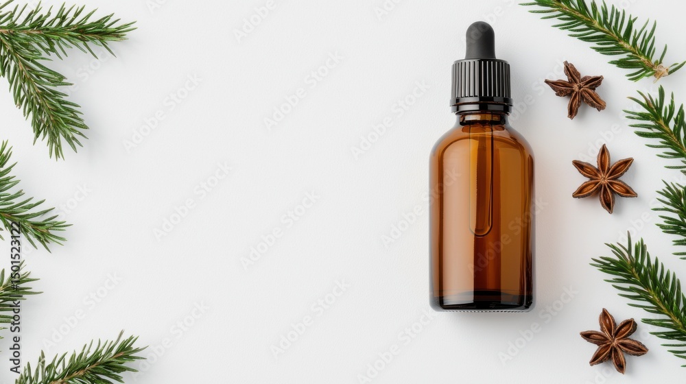 Fototapeta premium Amber Essential Oil Bottle, Fir Branches, Star Anise