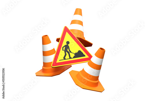 panneau de travaux et cônes de signalisation en lévitation, rendu 3D sur fond transparent