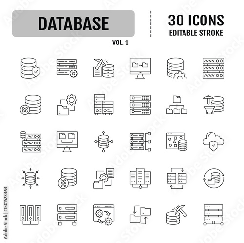 Database line icon set. Containing cloud computing, security, hosting, computer, internet, server, information technology icon. Vector illustration