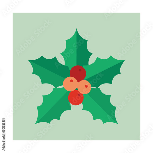 Flat design illustration of holly berry branch with green leaves and red berries