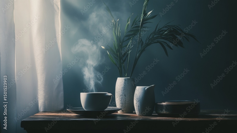 Ceramic tea set with steam and shadow play in elegant light on moody wooden surface home setting Ceramic tea set with steam and shadow play in elegant light on moody wooden surface home setting