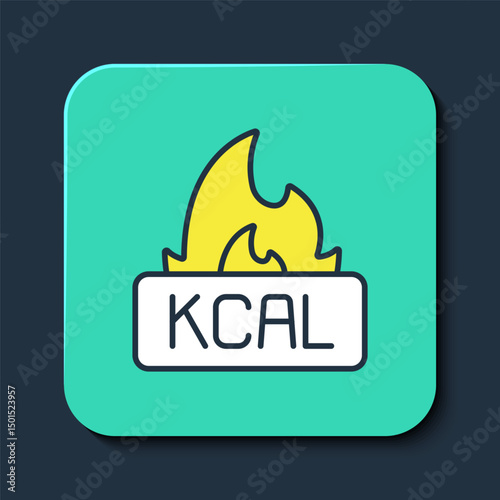 Filled outline Kcal icon isolated on isolated on blue background. Health food. Turquoise square button. Vector