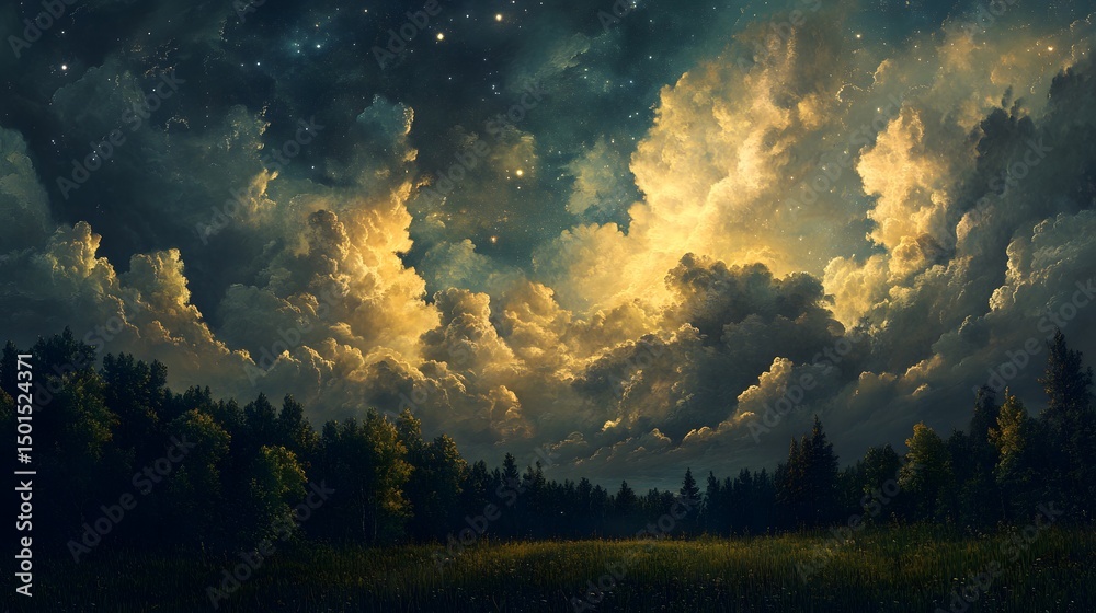 Fototapeta premium Stars visible through a break in storm clouds over a forest