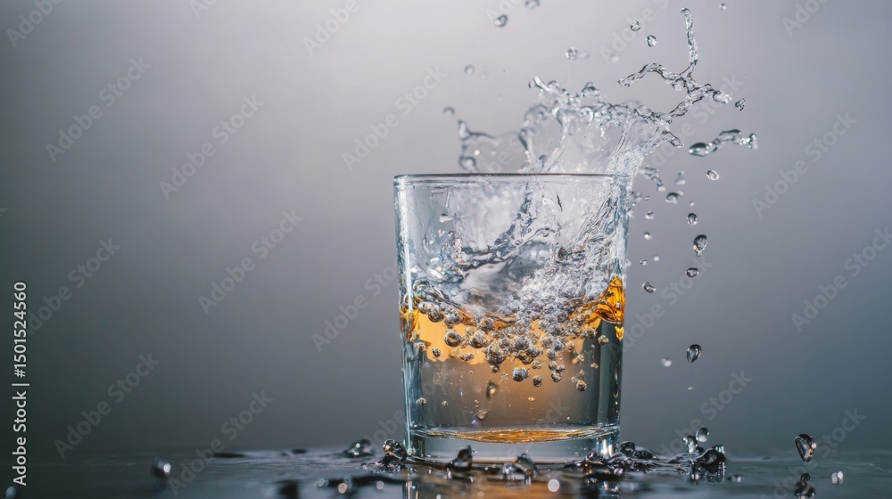 Glass of whiskey splashing with ice on dark reflective surface for dramatic drink scene composition shot Glass of whiskey splashing with ice on dark reflective surface for dramatic drink scene composition shot
