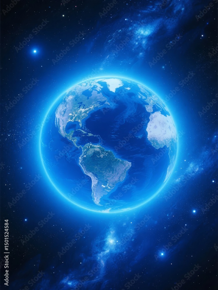 Fototapeta premium Earth from Space with a Glowing Blue Atmosphere
