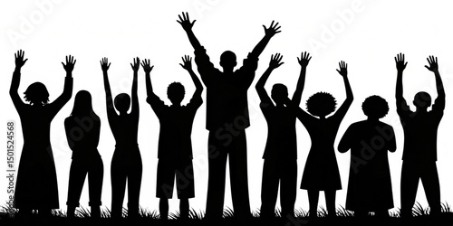black vector silhouette of christian worshippers, believers, isolated png transparent background