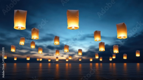 Magical Sky Lanterns Floating Over Water