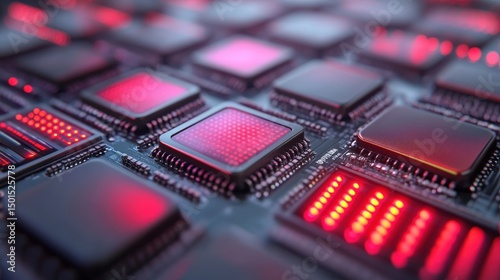 Close-up of glowing red microchips on a circuit board, highlighting advanced technology and electronic innovation.