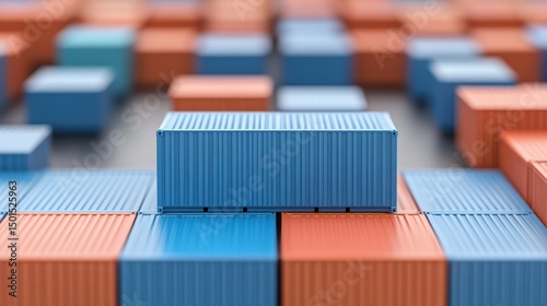 Stacks of blue and orange shipping containers arranged in an orderly pattern at a shipping yard.