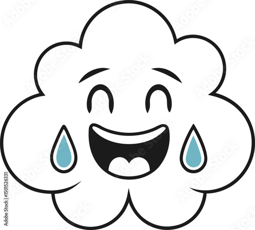 A cartoon cloud with a happy, laughing face and teardrops.