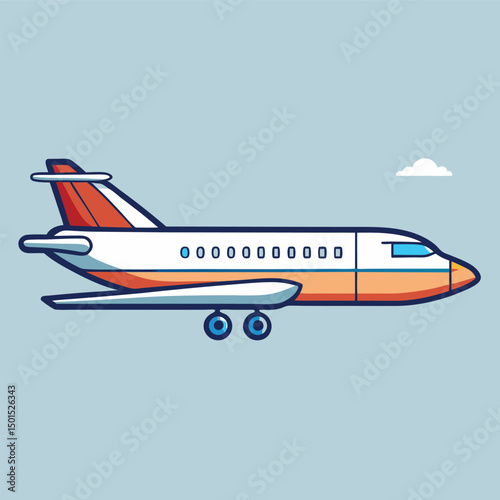 A stylized illustration of a jet airplane in flight.