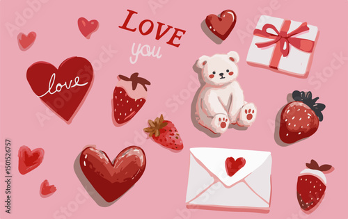 Valentine's Day Vector Illustration: Cute Doodle Hearts, Gifts, Teddy Bear, Strawberries, and Love Letter – Modern Pastel Cartoon Style for 14 February