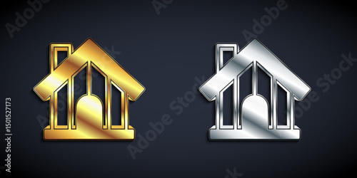 Gold and silver Farm house icon isolated on black background. Long shadow style. Vector