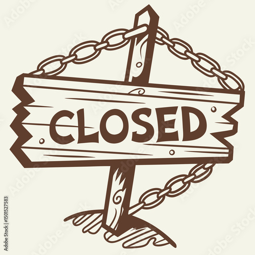Vintage wooden signboard with chain and text Closed. Vector illustration