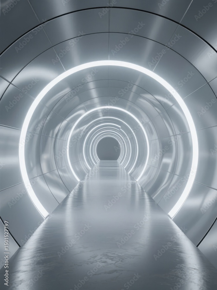 Fototapeta premium A futuristic, illuminated tunnel with a metallic interior