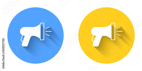 White Garden hose icon isolated with long shadow background. Spray gun icon. Watering equipment. Circle button. Vector