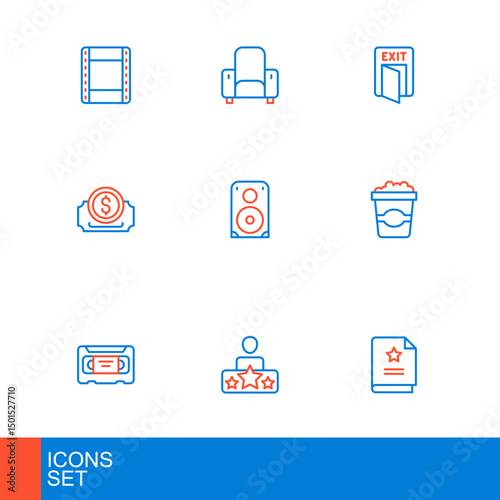 Set line Scenario, Actor star, VHS video cassette tape, Popcorn in cardboard box, Cinema ticket, Stereo speaker, Fire exit and chair icon. Vector