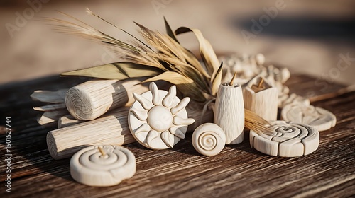 Summer Solstice: Stylized traditional offerings with sun symbols and harvest elements