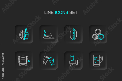 Set line Glass of beer, Beer tap, Wooden barrel on rack, Hotdog sandwich, Oktoberfest hat and bottle wooden icon. Vector