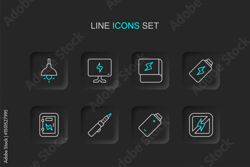 Set line No lightning, Battery charge, Soldering iron, Electrical panel, Book about electricity, Smart Tv and Lamp hanging icon. Vector
