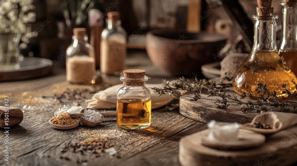 Fototapeta premium Herbal bottles with spices on rustic wood for natural apothecary vintage wellness homeopathy organic healing scene