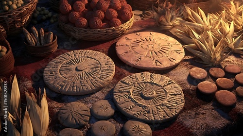 Summer Solstice: Stylized traditional offerings with sun symbols and harvest elements