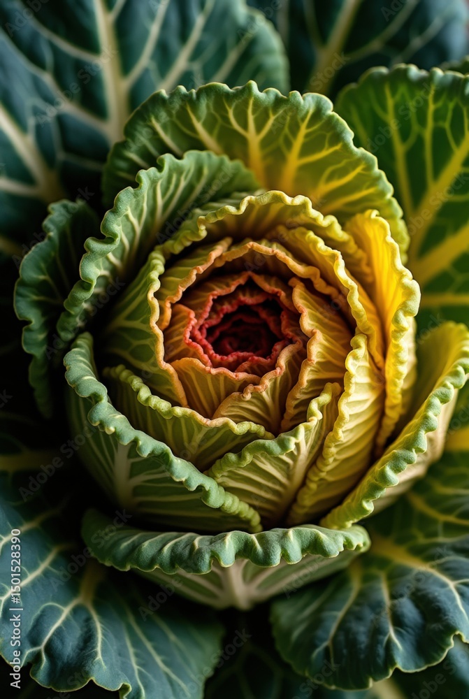 Obraz premium Close-up of ornamental cabbage with yellow center and green leaves