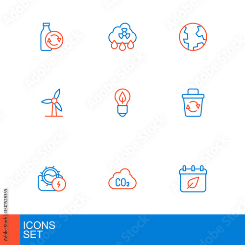 Set line Calendar with autumn leaves, CO2 emissions in cloud, Water mill, Recycle bin, Wind turbine, Light bulb leaf, Earth globe and Acid rain radioactive icon. Vector