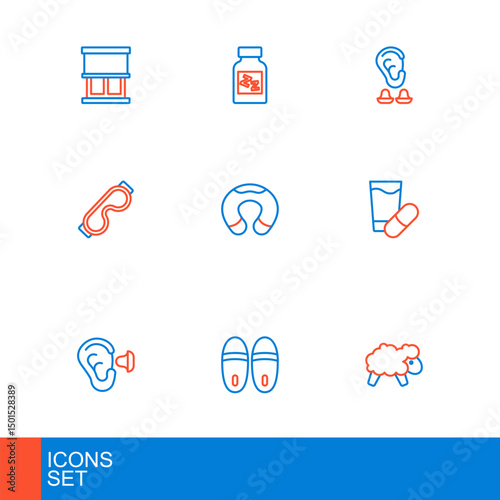 Set line Sheep, Slippers, Earplugs and ear, Sleeping pill, Eye sleep mask, Travel neck pillow, and icon. Vector