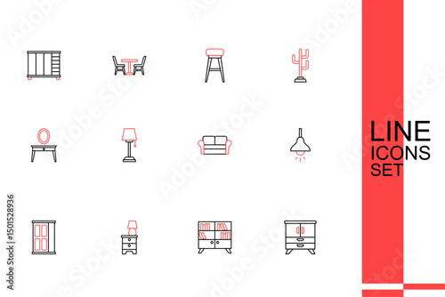 Set line Chest of drawers, Library bookshelf, Furniture nightstand with lamp, Wardrobe, Lamp hanging, Sofa, Floor and Dressing table icon. Vector