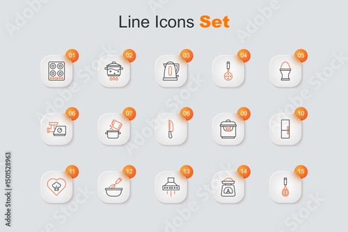 Set line Kitchen whisk, Scales, extractor fan, Cooking with bowl, Chef hat, Refrigerator, Slow cooker and Knife icon. Vector