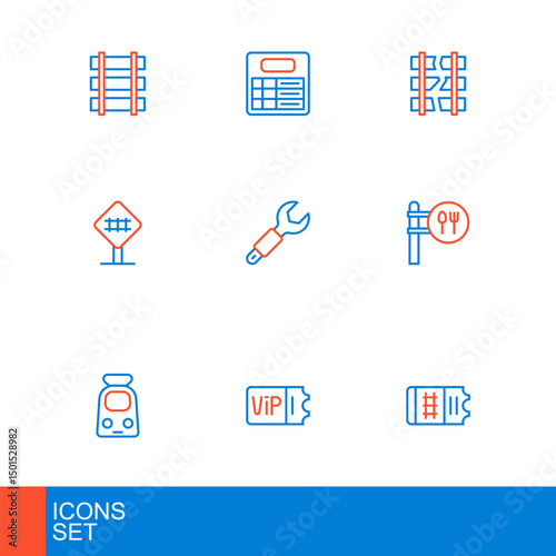Set line Train ticket, and railway, Cafe restaurant location, Railroad crossing, Wrench spanner, Broken or cracked and station board icon. Vector