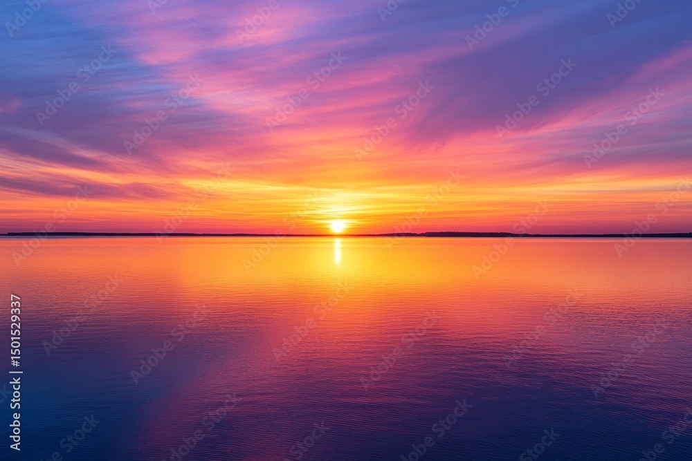 Fototapeta premium A breathtaking sunset paints the sky in vibrant hues of orange, pink, and purple, mirrored on the still water of a tranquil lake at dusk, creating a serene atmosphere perfect for reflection