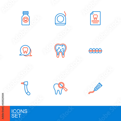 Set line Tube of toothpaste, Broken, Tooth drill, Teeth with braces, Clipboard dental card and Dental floss icon. Vector