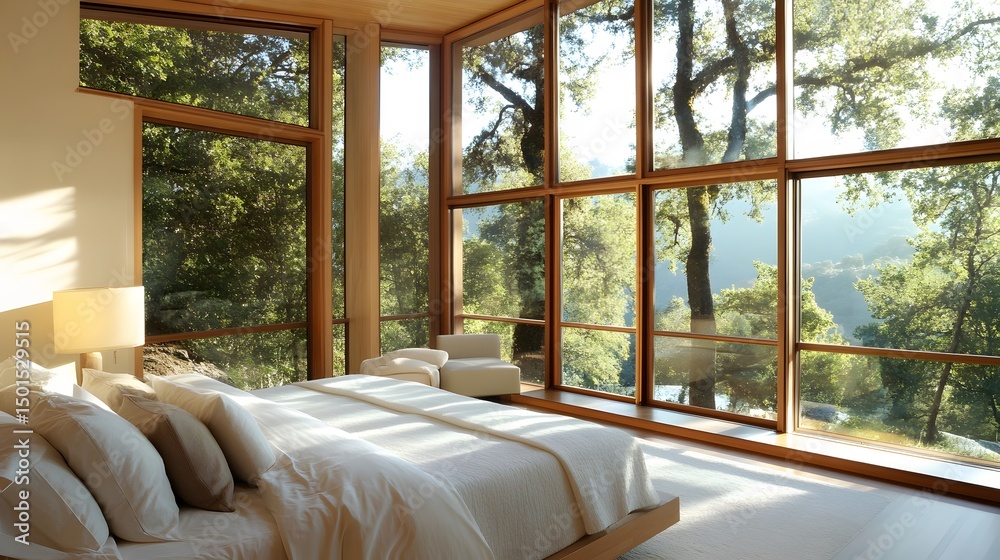 Fototapeta premium Modern bedroom with wall-to-wall windows and subtle accessories