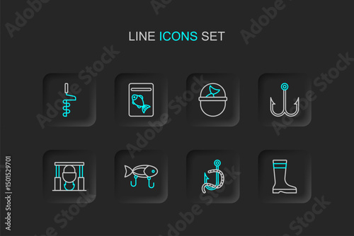 Set line Fishing boots, hook and worm, lure, Campfire pot, bucket with fish, Served on plate and Hand ice drill icon. Vector