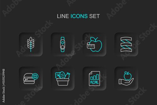 Set line Apple, Diet plan, Shopping bag and food, No burger, Sports nutrition proteine, measuring tape, Smart watch with heart and Wheat icon. Vector