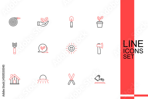 Set line Watering can, Gardening scissors, Sunrise, Farm house, Wooden axe, Leaf and pitchfork icon. Vector