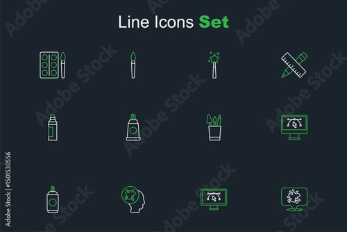 Set line Paint spray, Computer with design program, can, Pencil case stationery, Tube paint palette and Marker pen icon. Vector