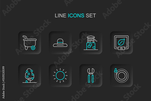 Set line Garden hose, Gardening scissors, Sun, Fruit tree, Seeds of specific plant, Well, Farmer worker hat and Wheelbarrow icon. Vector